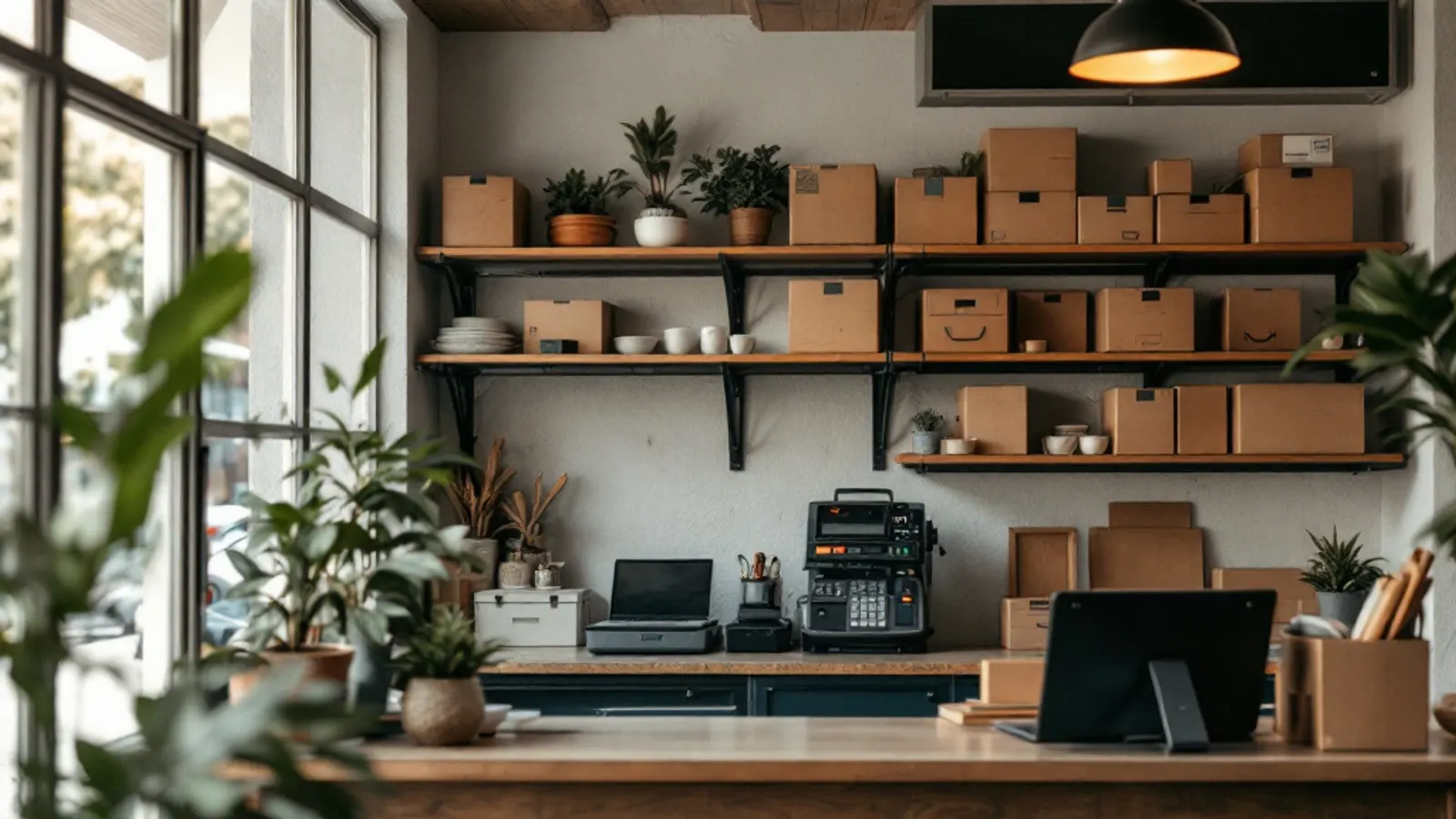 Interior de una pyme panameña con estanterías de inventario y un mostrador con caja registradora