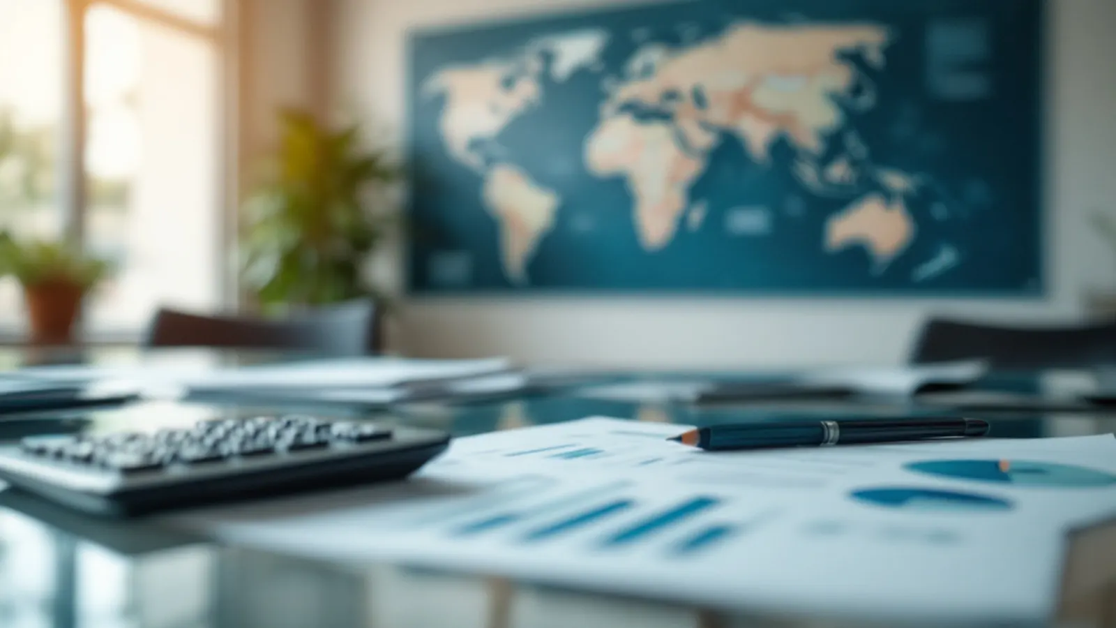 Mapa del mundo difuminado detrás de documentos financieros y una calculadora, operaciones entre empresas de distintos países