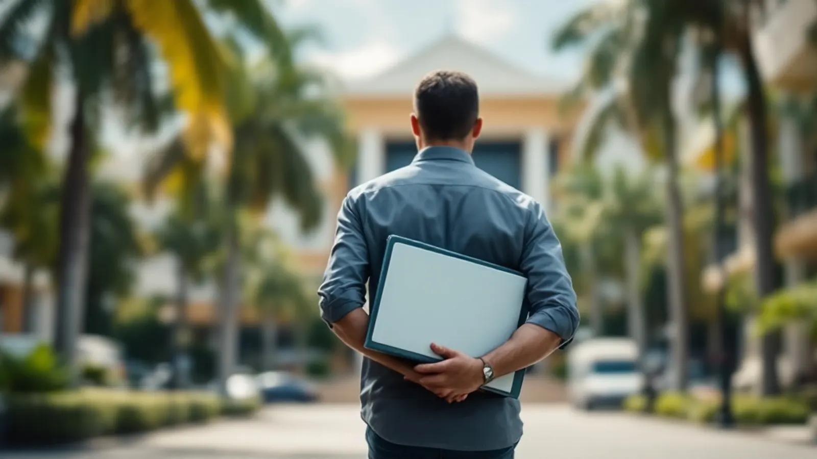 Mensajero con una carpeta de documentos caminando frente a un edificio público en Ciudad de Panamá