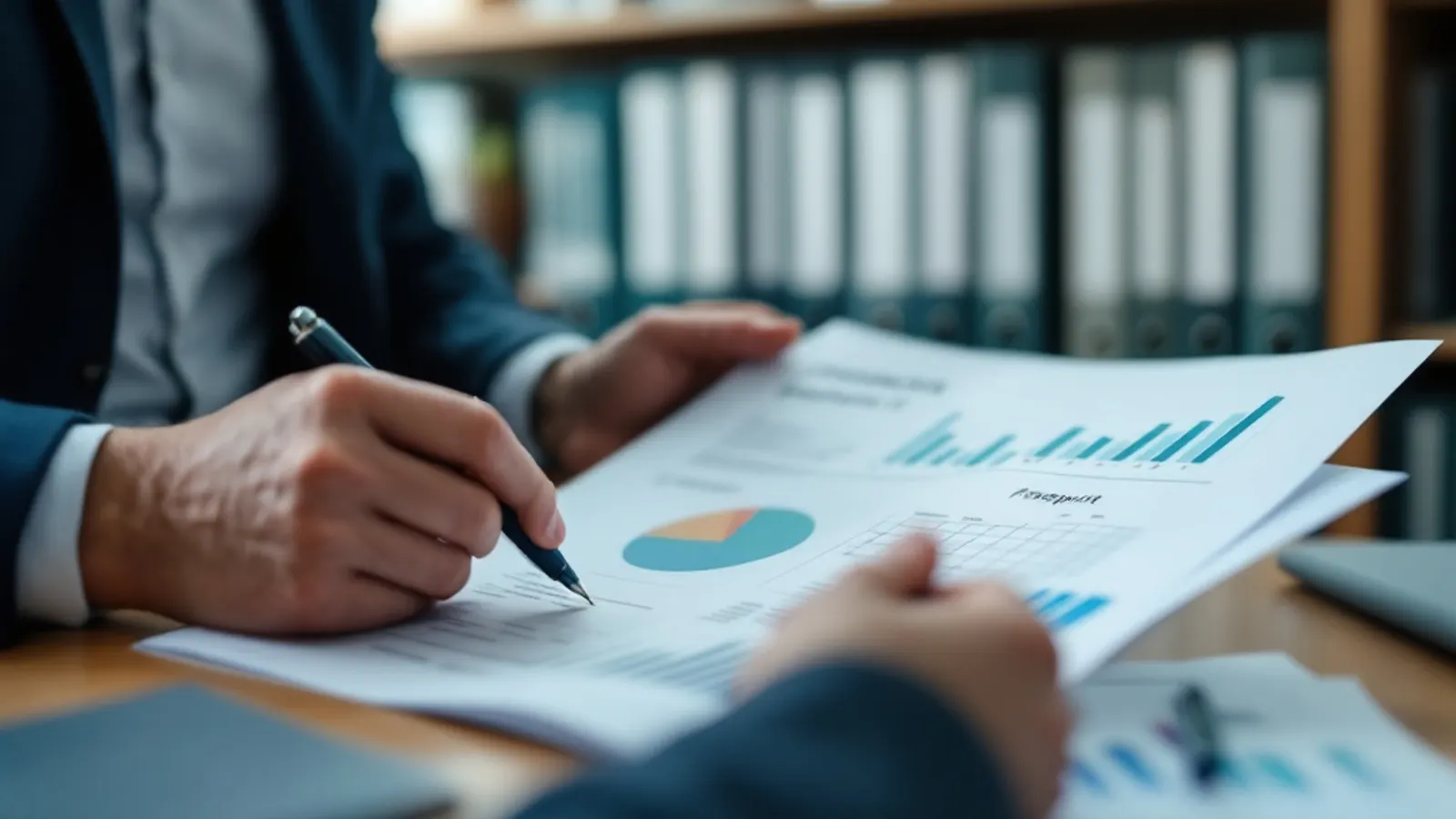 Manos revisando con una lupa un informe financiero impreso junto a carpetas archivadas